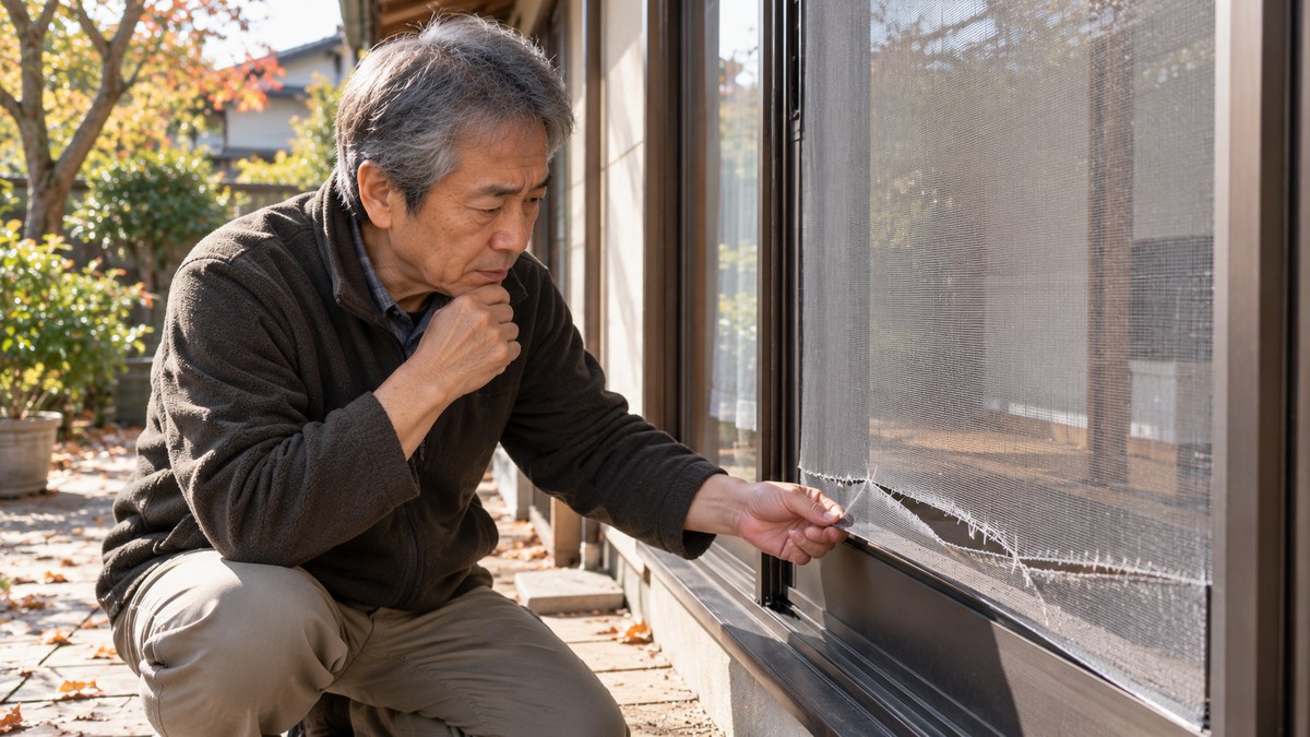 網戸の枠のきわまで大きく裂けた網を前に、張り替えを考えている男性