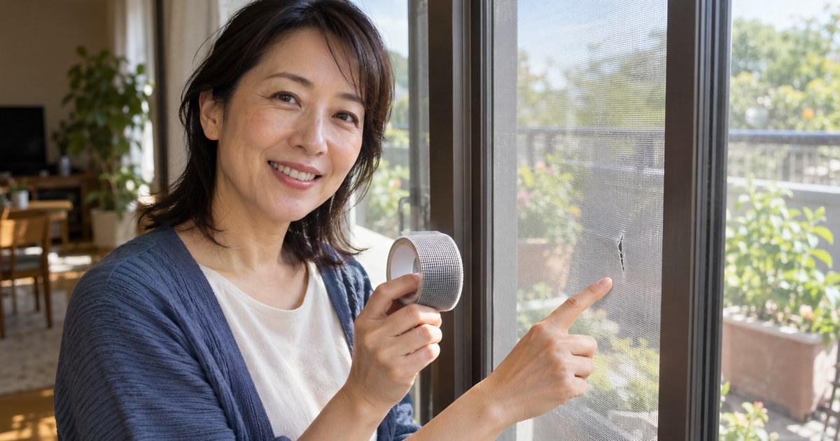 網戸の小さな破れを指さしながら、網戸風の補修テープを手に笑顔を見せる女性