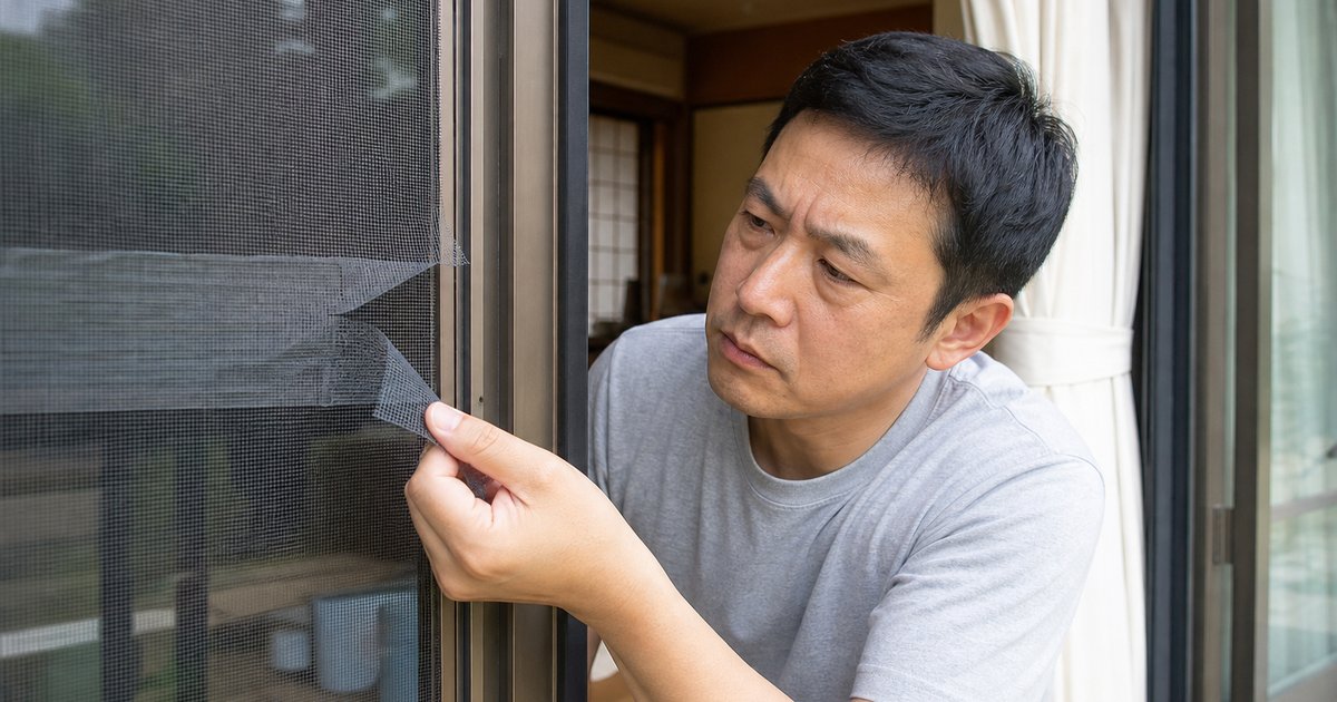 網戸に貼った補修テープの角がめくれているのを確かめる男性