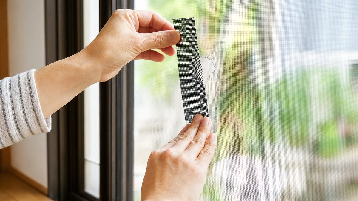 破れた網戸に補修テープを貼り、指で押さえているところ