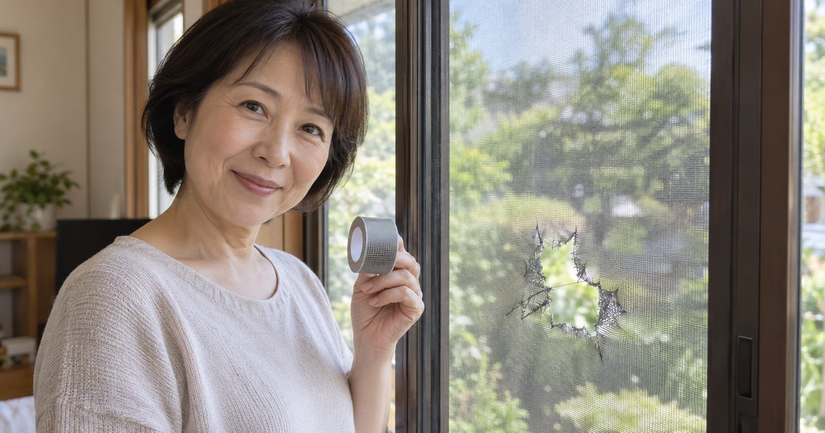 破れた網戸の前で補修テープを手にしている女性