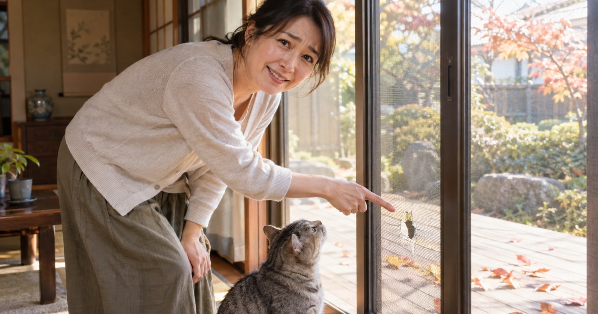 網戸の小さな破れを指さす女性と、その横で穴を見上げるグレーの猫