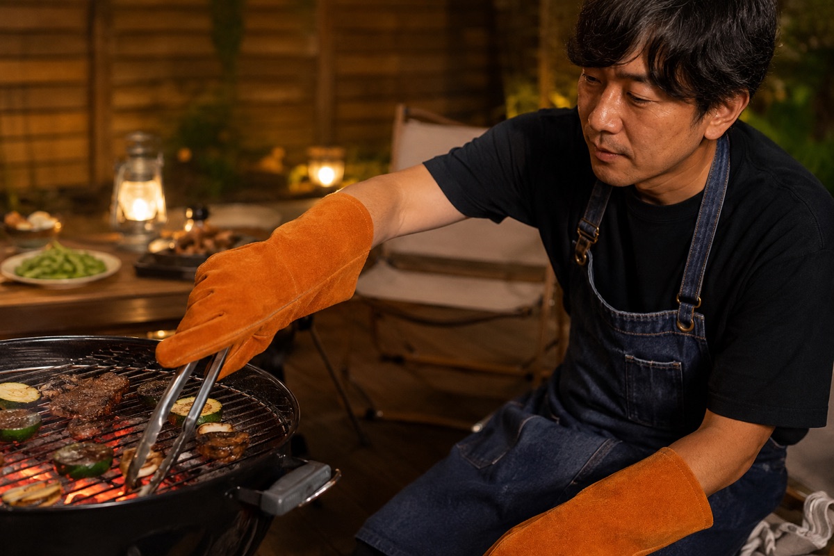 夏のBBQで炭火のそばに腕を伸ばす場面。袖の長い耐熱グローブが手首から前腕までを覆っているようす