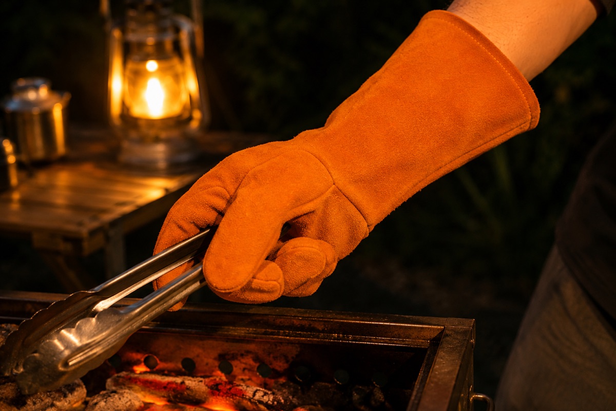 WARAIGAOの5本指耐熱グローブをはめた手がBBQのトングをしっかり握り、長い袖が手首を覆っているようす