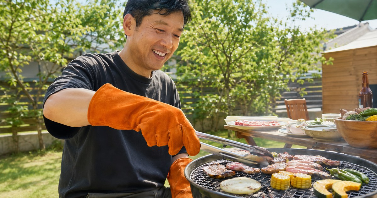 BBQでやけどを防ぐ耐熱グローブ(オレンジ・長い袖)を着けてトングを持つ手元