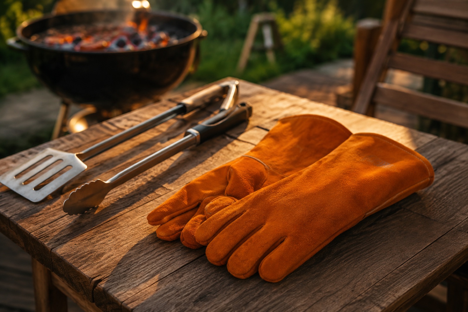 ウッドテーブルに置かれた牛革の耐熱グローブとBBQ道具