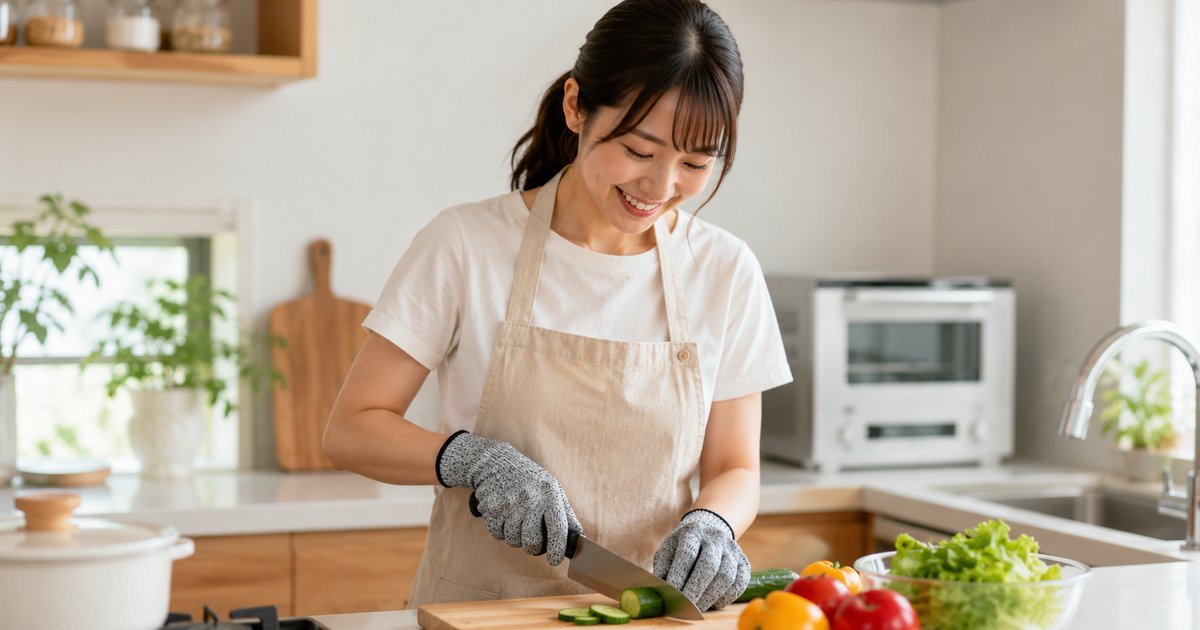 WARAIGAOの防刃手袋を料理で使っているシーン