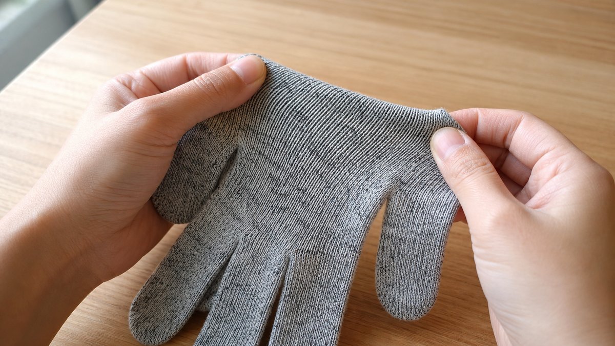 防刃手袋の生地の目の詰まり具合を指で確かめる手元
