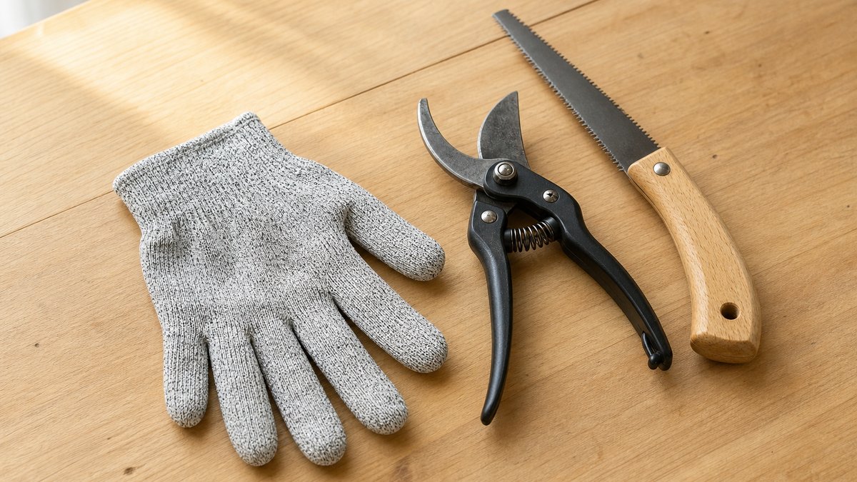 防刃手袋と剪定ばさみ・手のこぎりを並べた作業台