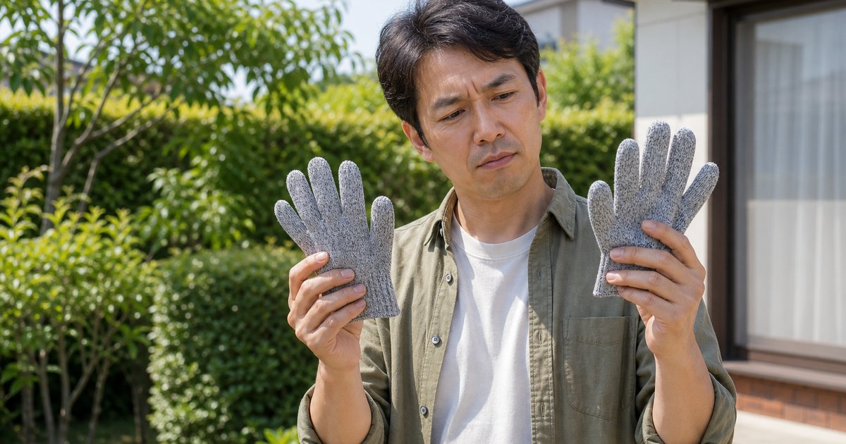 庭で防刃手袋を手に取り、この作業に使えるか確かめる男性