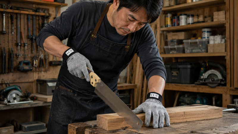 防刃手袋をはめてのこぎりでDIY作業をしている様子