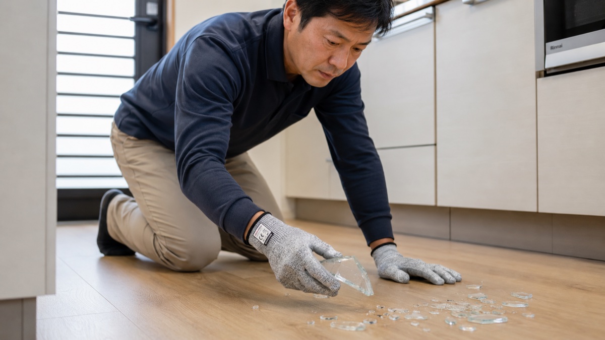 防刃手袋をはめてガラス片を安全に片付けている様子