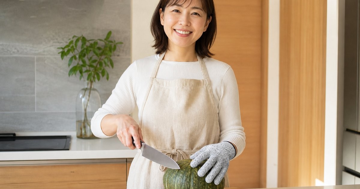 キッチンで防刃手袋をつけ、かぼちゃと包丁を前に笑顔を見せる人