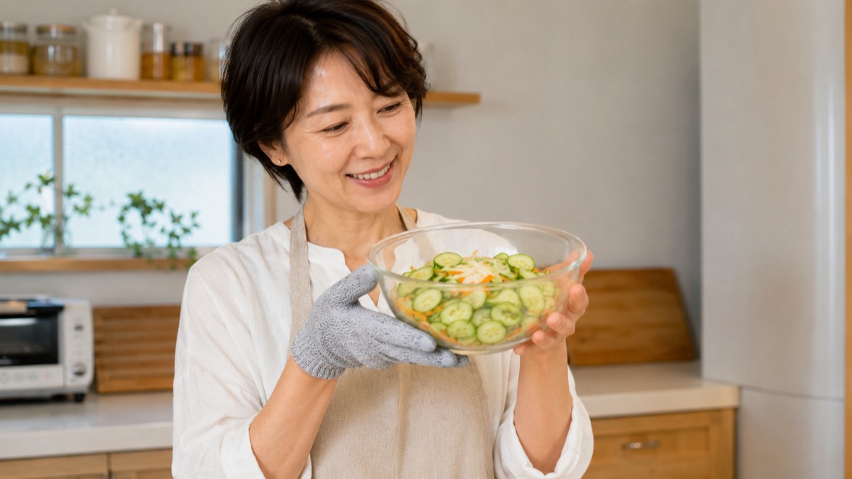 薄手の防刃手袋で安全にスライスした野菜を持つ女性