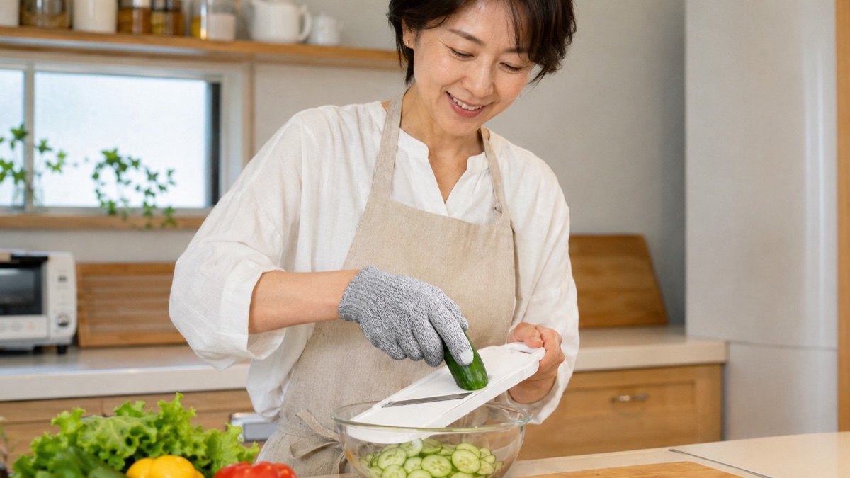 防刃手袋をはめてスライサーで野菜を安全に薄切りする女性