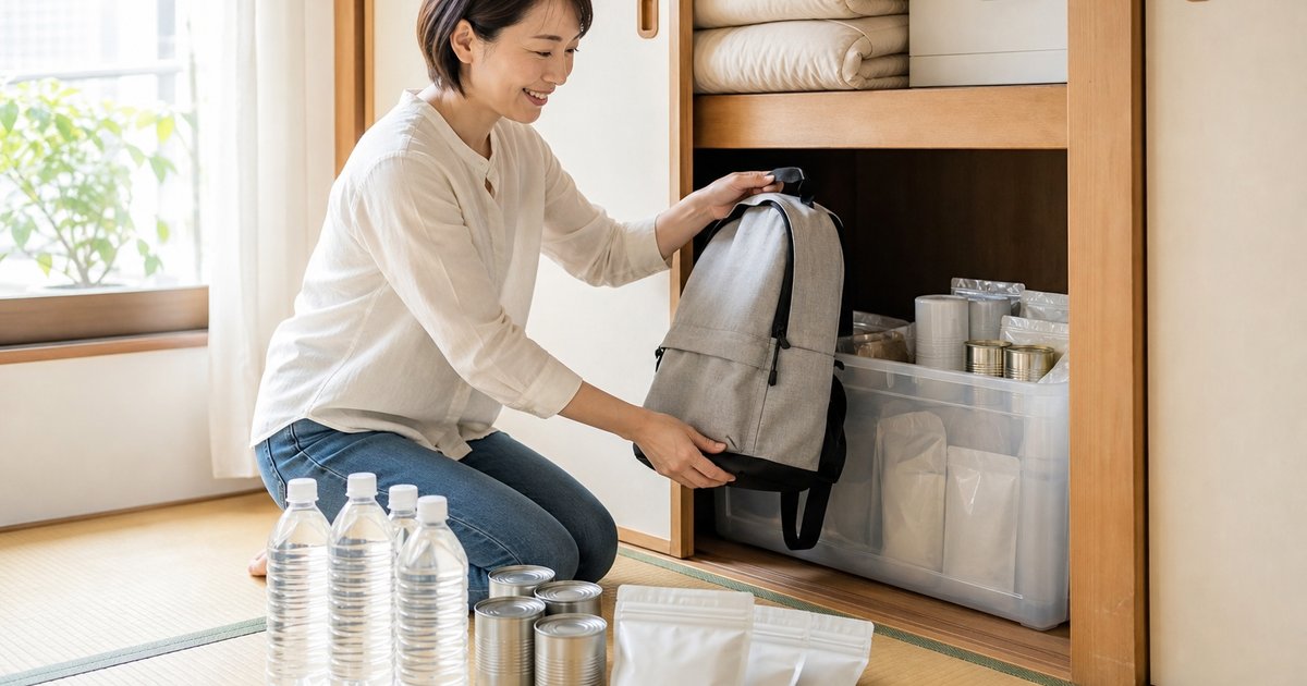 押入れから防災リュックと備蓄品を出して見直す女性