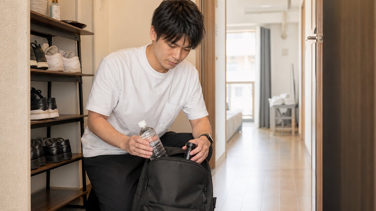 一人暮らしの玄関で非常用リュックに水と懐中電灯を詰める男性