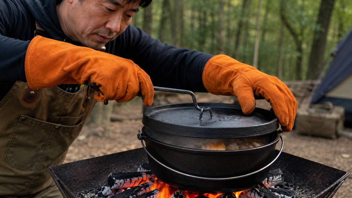 焚き火台のダッチオーブンの熱い蓋を、5本指の耐熱グローブで開けようとしている場面