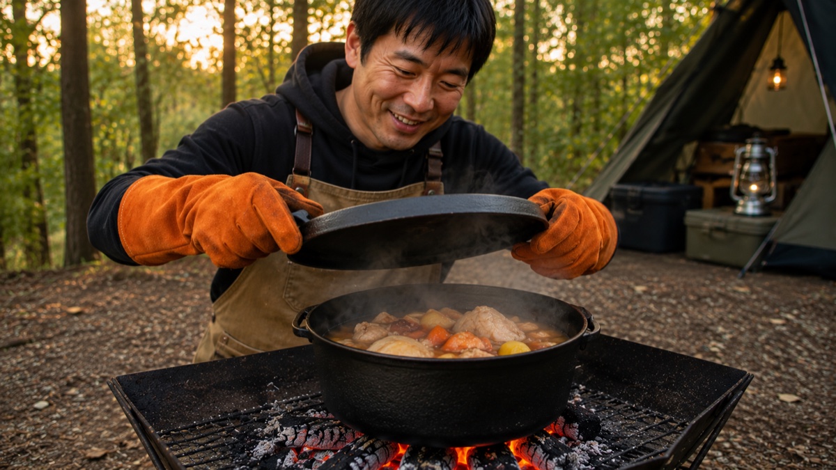 耐熱グローブをはめた手で、できあがったダッチオーブン料理の蓋を開けて湯気が立っている満足そうな場面