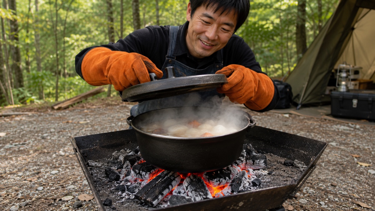 キャンプ場でダッチオーブンの熱い蓋を耐熱グローブで開ける男性