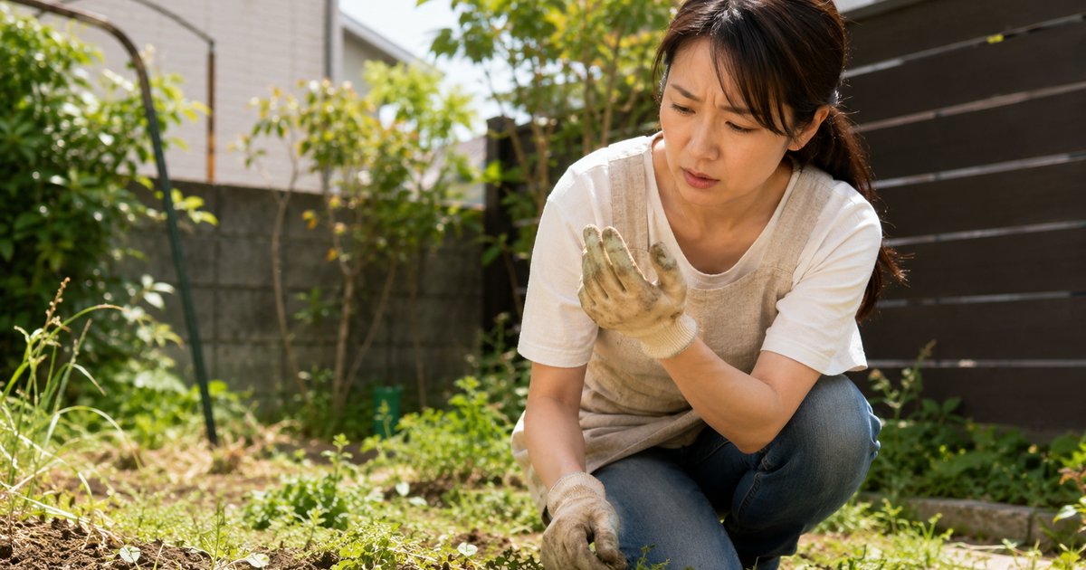 指先に穴が開いた使い古しのガーデニング手袋を見て困っている人