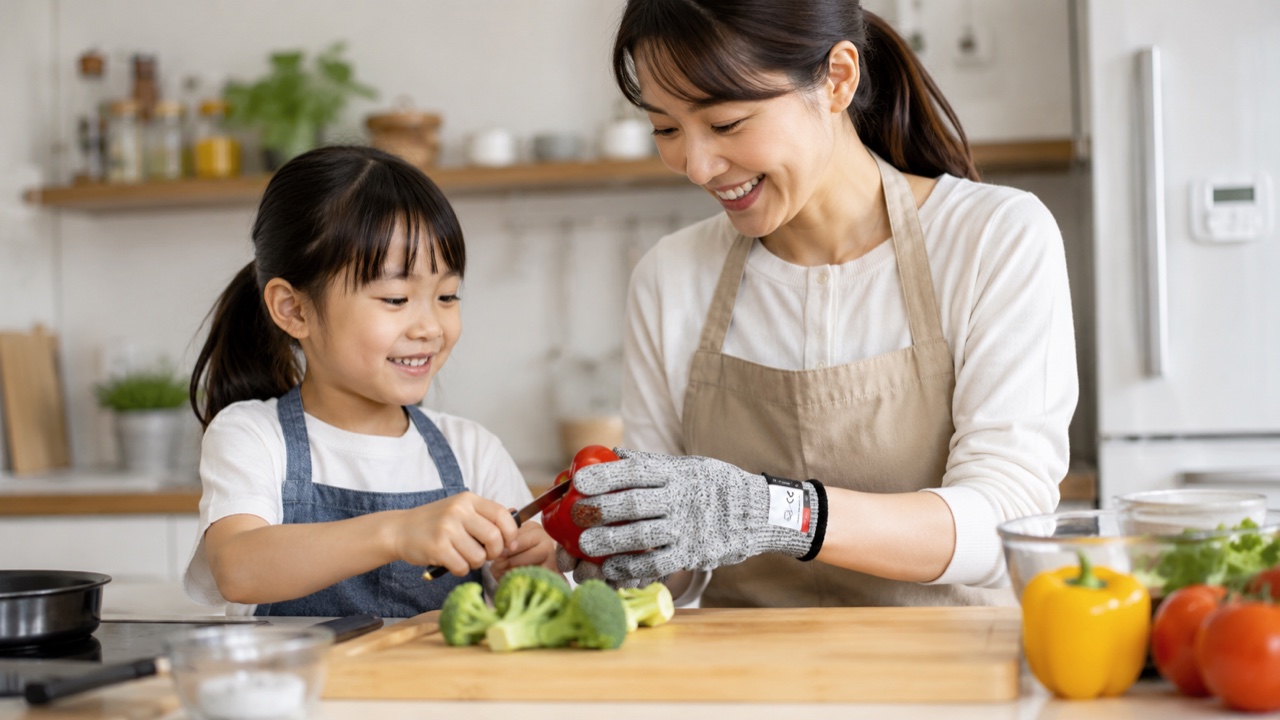 子供が初めて包丁を持つのを大人が心配そうに見守っているようす