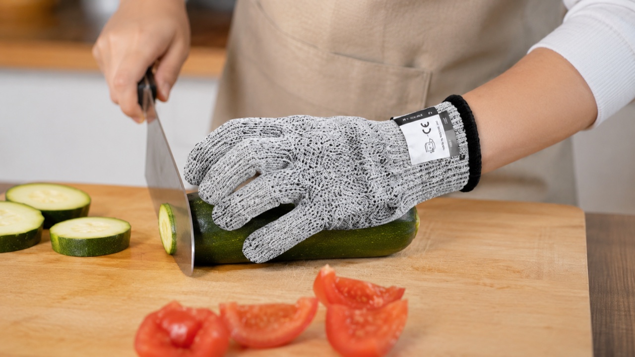 防刃手袋をつけた子供が大人と一緒に笑顔で野菜を切っているようす