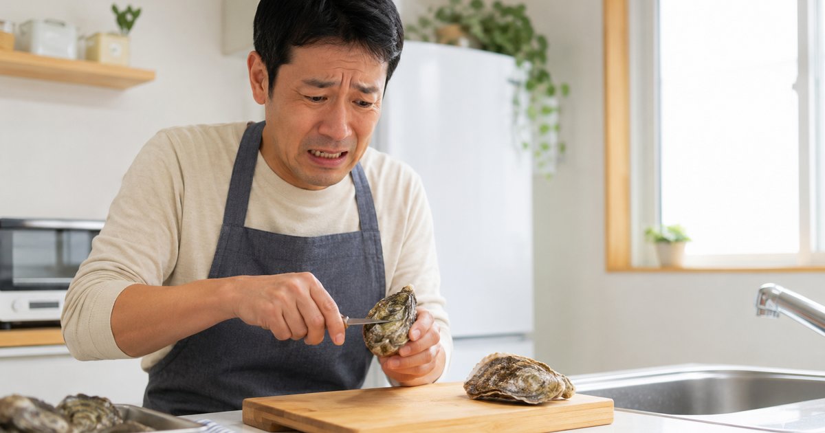 牡蠣の殻をナイフでこじ開けている手元のようす