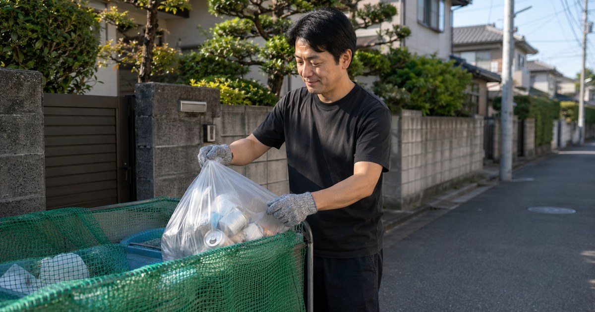ゴミ出しで資源ごみを片付ける男性。手袋をつけて缶や瓶が入った袋を扱っている