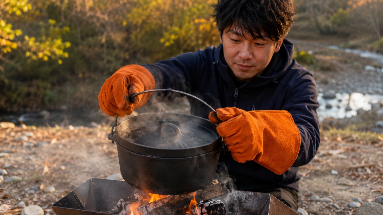 耐熱グローブでBBQをする男性