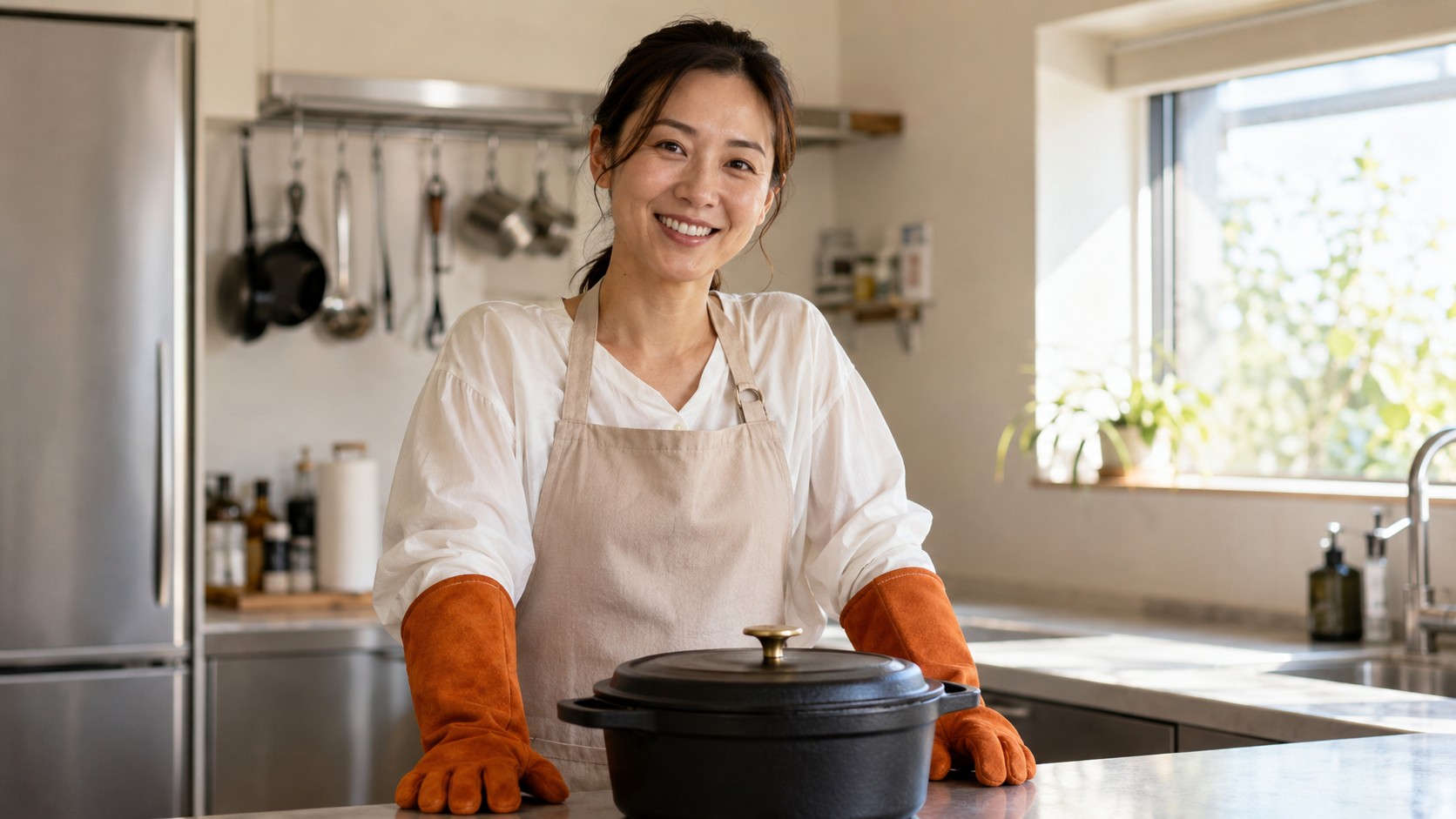 耐熱グローブでオーブン料理を取り出す女性