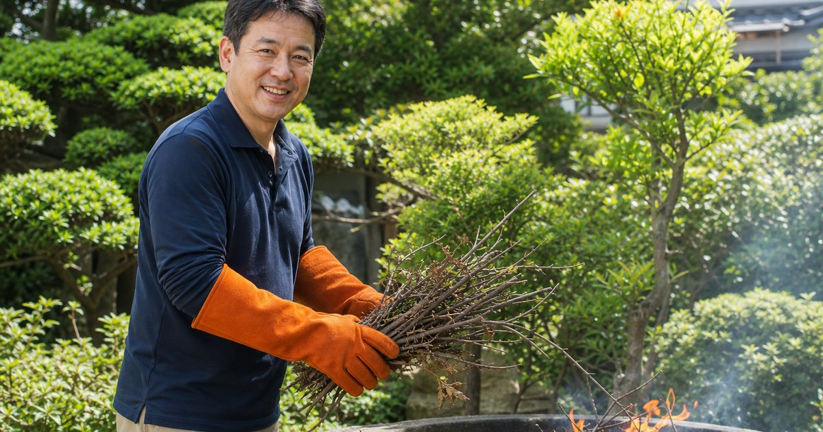 庭で剪定した枝を焼却炉に運ぶ、耐熱グローブをつけた笑顔の男性