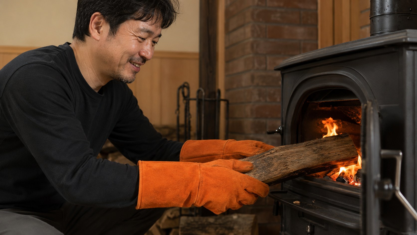 陰干しして乾いた耐熱グローブをつけて、薪ストーブで気持ちよく作業する男性