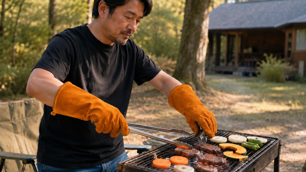 BBQでトングを握る手。耐熱グローブ(5本指)をつけたまま普通に操作できている