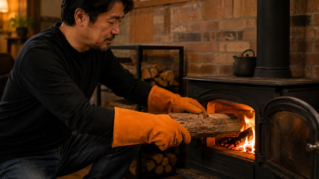 WARAIGAOの5本指耐熱グローブをはめた手がトングをしっかり握っているようす