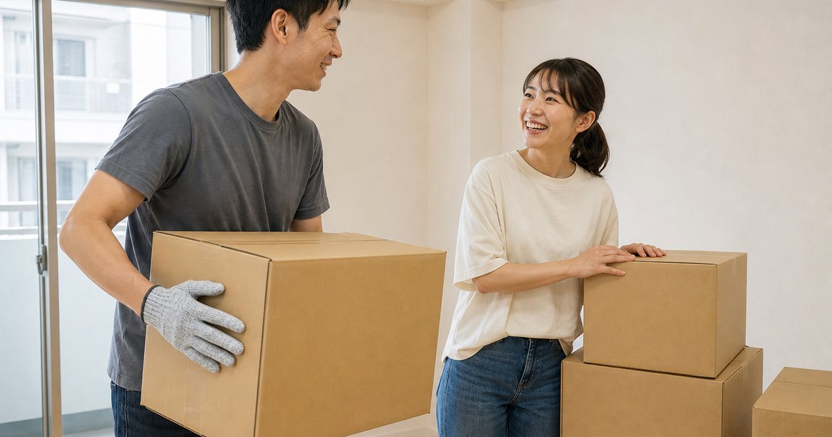 引っ越し当日、作業用手袋をつけて段ボールを運ぶ夫婦