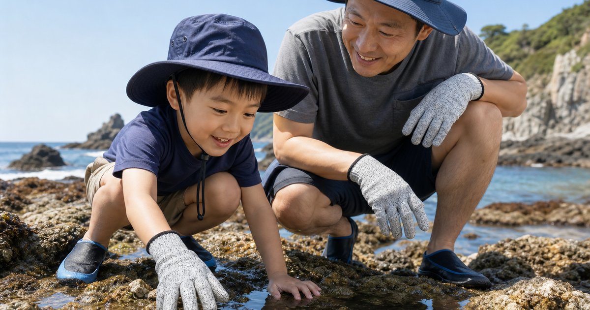 磯場で貝を見つける子供と見守る父親、二人とも防刃手袋を着用