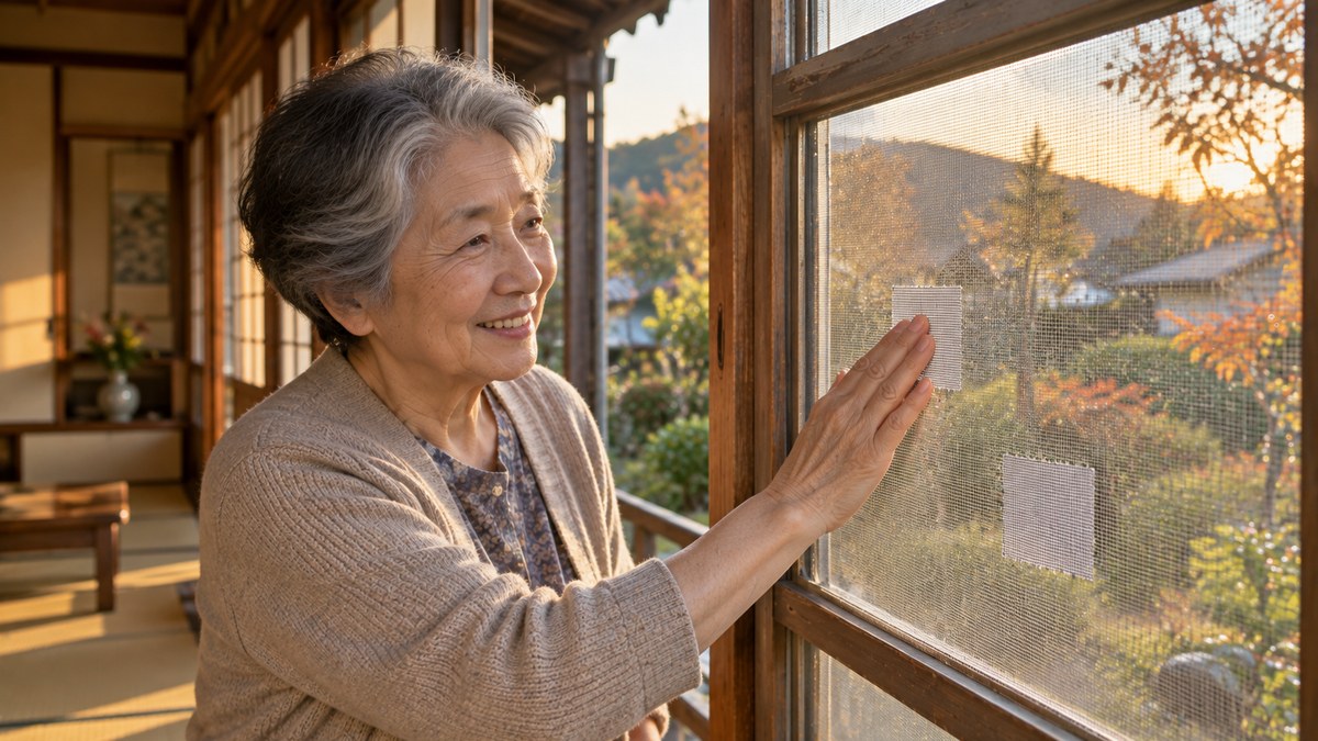 補修テープを貼り終えた実家の網戸に手を添えてほほえむ70代の母