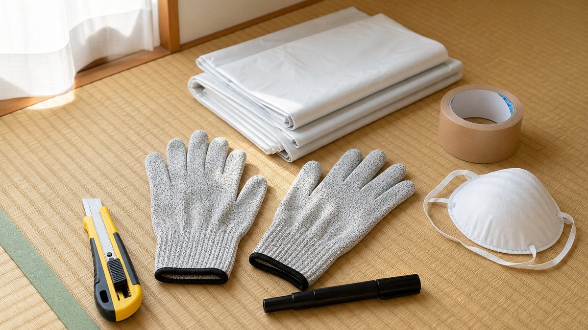 実家の片付けに用意しておきたい道具一式（作業用手袋・カッター・厚手のゴミ袋・養生テープ・マジック・マスク）