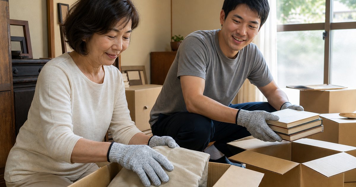 実家の片付けで、作業用手袋をつけて段ボールに荷物をまとめる親子