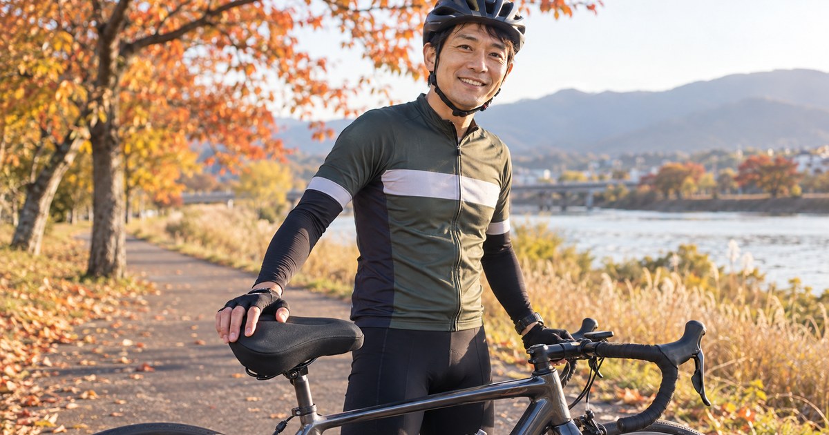 秋の川沿いのサイクリングロードでロードバイクの横に立ち、サドルクッションに手を置いて笑う男性