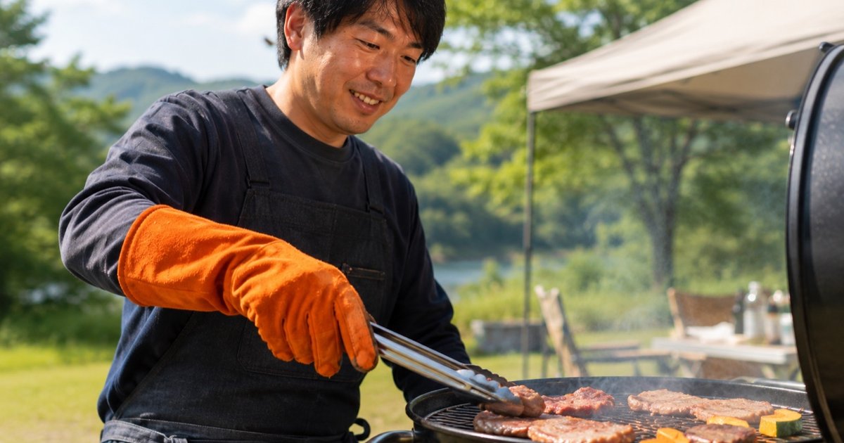 家族BBQで耐熱グローブを使う50代男性