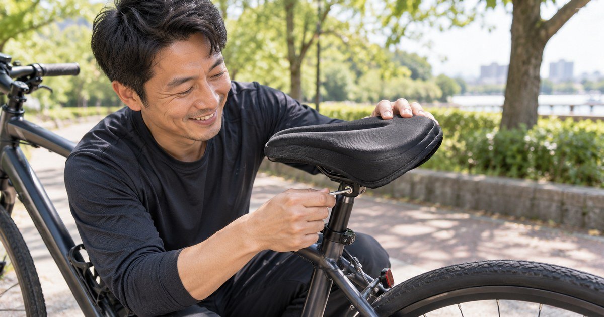 公園でクロスバイクのサドル高さを六角レンチで調整する男性
