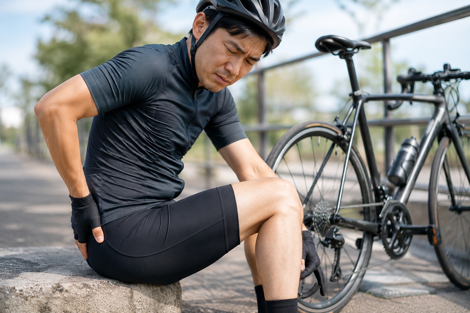 サドルクッションを付けて正しい姿勢で快適に自転車に乗る人