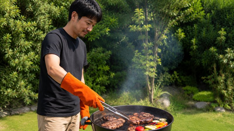 夏の焚き火で牛革の耐熱グローブを使って薪をくべるシーン
