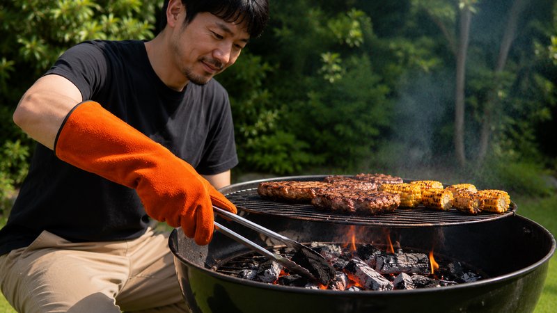 BBQの炭を牛革の耐熱グローブで調整しているシーン