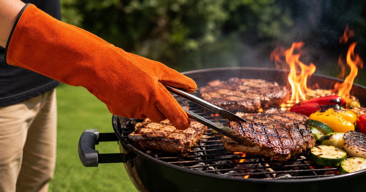 夏のBBQで牛革の耐熱グローブを使って薪炭を扱うシーン