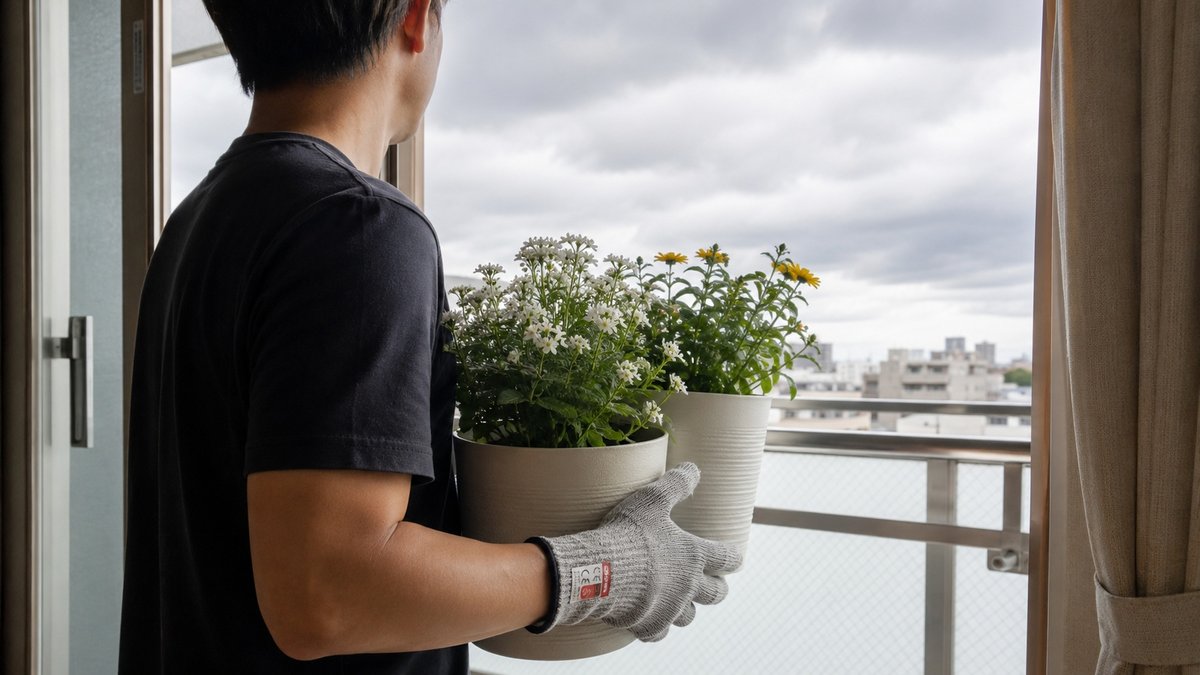 防刃手袋をつけてベランダから鉢植えを室内へ運び込んでいるところ