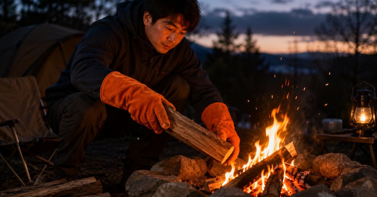 夜の焚き火に薪をくべる耐熱グローブの男性